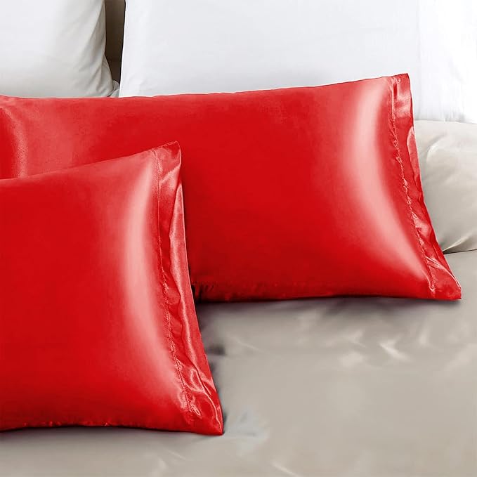 Aormenzy Satin Pillow Cases for Women King Size Set of 2, Red Satin Pillowcase for Hair with Envelope Closure Silky Pillow Covers Wrinkle, Fade Resistant (20x40 Inches)