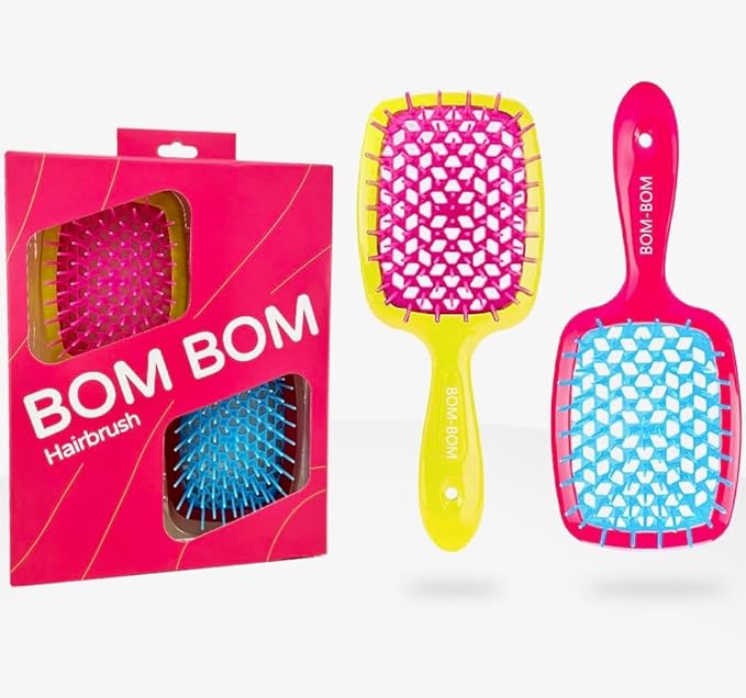 BOM BOM 2 Unit Kit, Wet And Dry Vented Detangling Hair Brush For All Hair Types, Light Weight Hairbrush, Scalp Massage Brush (Pink blue yellow)