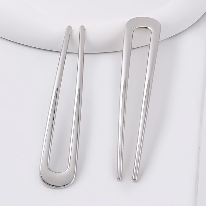 6Pcs Metal French Hair Pins for Women U Shape Sticks 3.9 Inch Vintage Fork for Hairstyle Accessories(Silver)