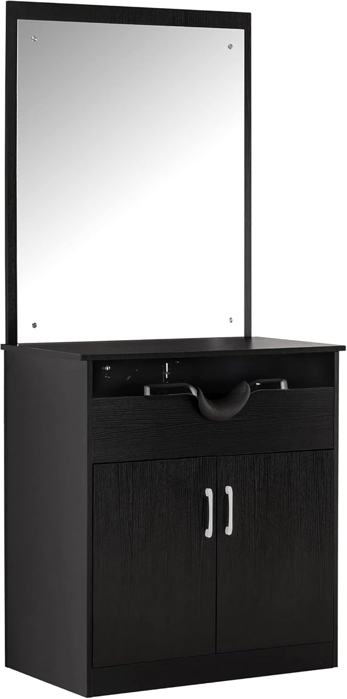 BarberPub Backwash Shampoo Bowl Sink Chair Station with Mirror Salon Styling Cabinet Spa Equipment 3130 (Black)