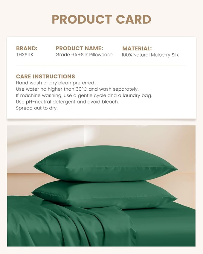 THXSILK Set of 2 100% Mulberry Silk Pillowcase for Hair and Skin, Grade 6A+ Mulberry Silk Pillow Cases Ultra-Soft, Hypoallergenic Pillow Case Cover with Zipper (California King 20"x40", Green)