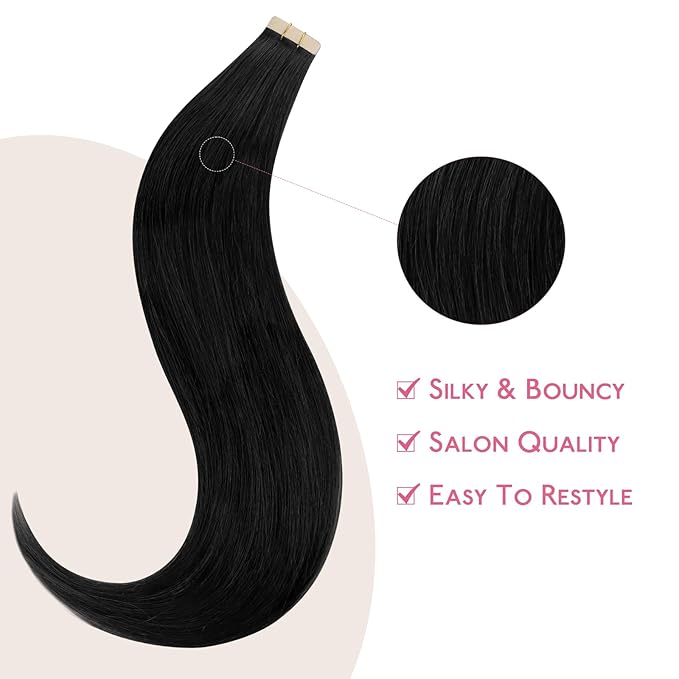 WENNALIFE Tape in Hair Extensions Human Hair Jet Black Tape in Extensions, 10pcs 25g 16 inch Remy Invisible Tape Ins Straight Colored Soft Real Human Hair Tape in Extensions Refill Set Extensions