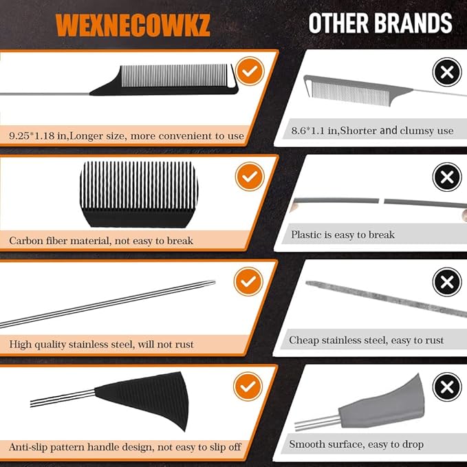 3 Pcs Rat Tail Comb Parting Combs for Braids Barber Styling Combs Carbon Fiber Teasing Stainless Steel Pintail Comb for Women Men Fine Teeth Salon Hairdressing Hair Care Tools