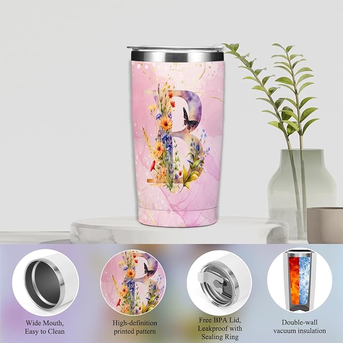 Personalized Gifts Monogrammed Birthday Gifts for Women, Cowerker Mom Boss Day Christmas Initial 20 oz Tumbler, Makeup Bag Cup Ballpoint Pens Journal Notebook 6 Set, (Aesthetic Pink Flower B)