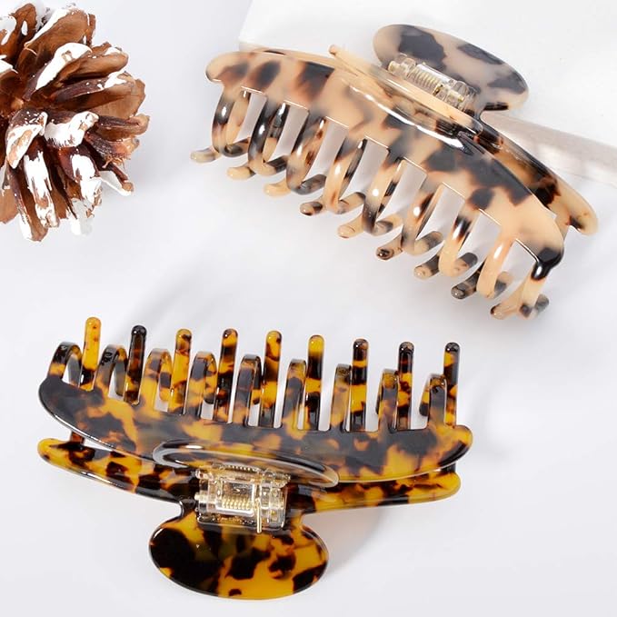 Big Claw Hair Clips 3.8 Inch Tortoise Banana for Women Girls Thin Hair French Design Celluloid Leopard Print Strong Hold for Thick Hair, 2 Color Available (2 Packs)