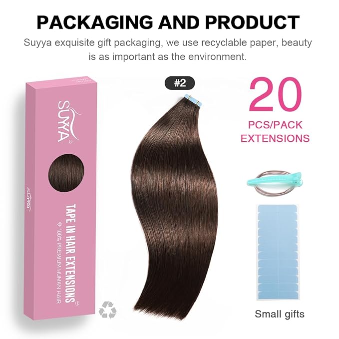 SUYYA Tape in Hair Extensions Human Hair Darkest Brown 26 Inch 60g/pack 20pcs Straight Seamless Skin Weft Tape in Real Human Hair Extensions(26inch #2 Darkest Brown)