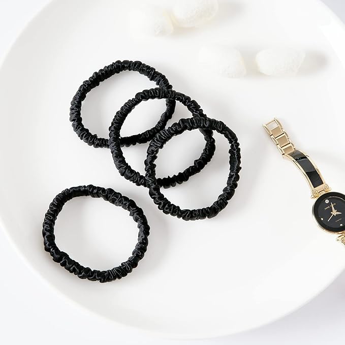 Mulberry Silk Skinnie Scrunchies Set in Black - 100% Pure 19 Momme, Luxurious Elastic Hair Ties for Women (4 Pack)
