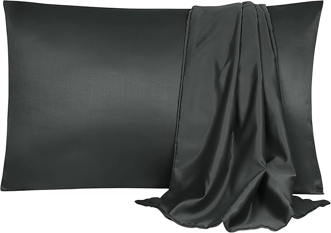 uxcell 2 Pack Silk Satin Pillowcase for Hair and Skin, Cool, Silky, Soft Breathable Pillow Cases Queen Size 20x30 Inch Sateen Pillowcase Black with Envelope Closure