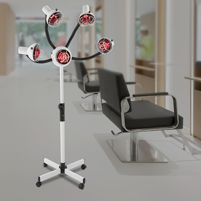 5 Head Infrared Heat Lamp, Adjusting Height Styling Perming Dryer, Salon Heat Lamp Headed Lamp with Rolling Wheels, Multifunction Infrared Lamp Hair Dryer Hair Color Processor Machine (White)