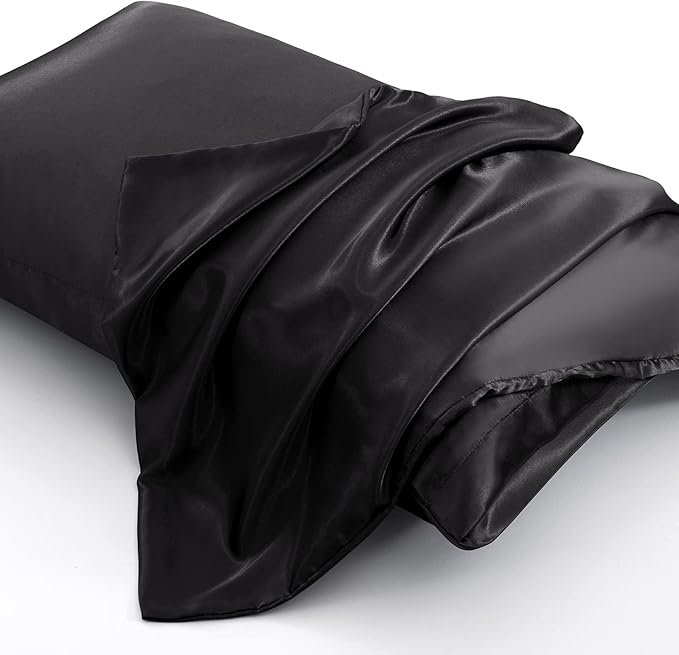 Aormenzy Black Satin Pillowcase for Hair and Skin, Satin Pillow Cases for Women Standard Size Set of 2 with Envelope Closure Silky Pillow Covers Wrinkle, Fade Resistant (20x26 Inches)