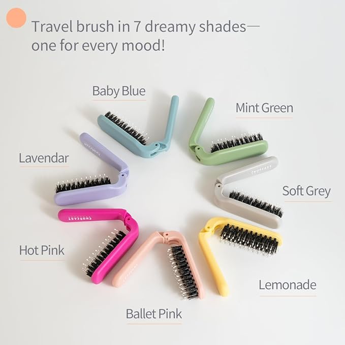 Uffy MiniPop Travel Hair Brush – Mini Folding Boar Bristles for Women, Men & Kids | Kid-Friendly Compact Comb for Wet & Dry Hair, Curly or Straight | Pocket-Size Detangler – Lemonade