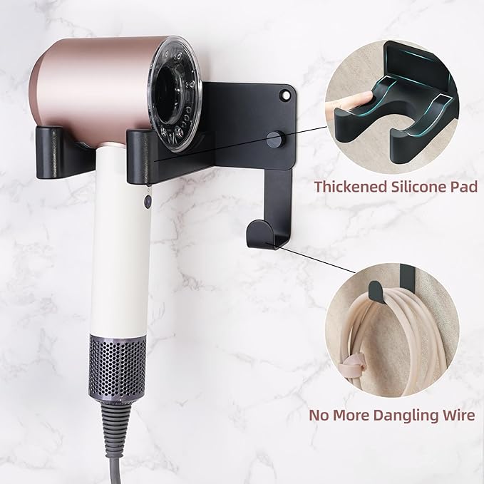 Dyson Hair Dryer Holder, Wall Mounted Aluminum Alloy Hair Dryer Wall Mount for Supersonic/Nural, Dyson Blow Dryer Holder with 3 Magnetic Rings for Salon & Bathroom Black UEMUSI