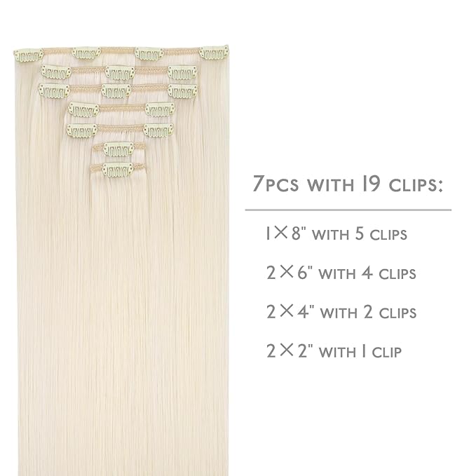 WENNALIFE Clip in Hair Extensions, 22 Inch 120g 7pcs Real Human Hair, White Blonde Remy Hair Extensions Clip Ins Double Weft
