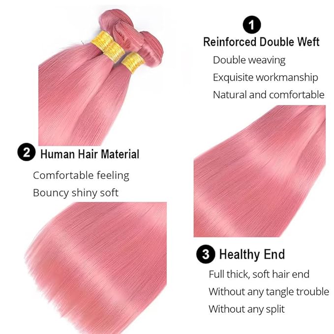 Pink Human Hair Bundles Light Pink Straight Bundles 20 22 24 Inch Niegmeag Hair Double Weft Unprocessed Brazilian Virgin Remy Hair Extensions 300g