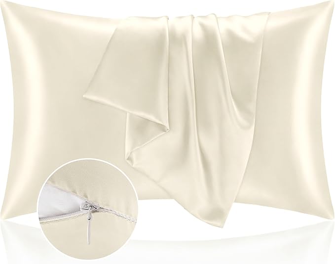 BEDELITE Satin Pillowcase with Zipper, Beige King Size Pillow Cases Set of 2, Super Soft and Cooling Similar to Silk Pillow Cases, Gift for Women Men(20x40 Inches)