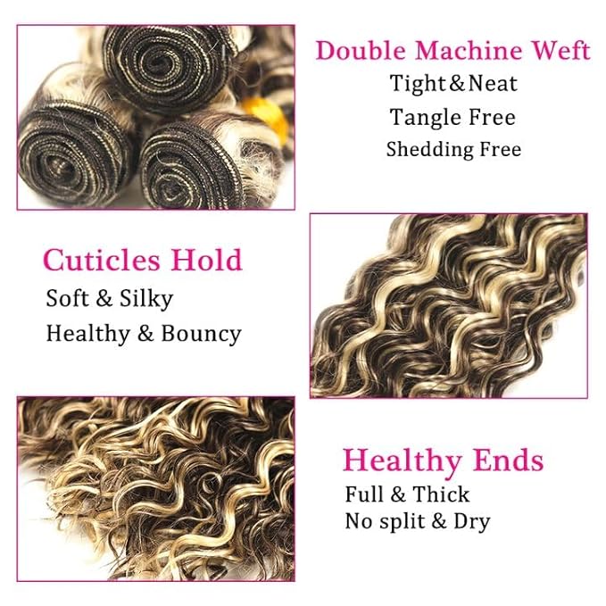 Highlight Bundles Human Hair P4/613 Deep Wave Bundle 22 24 26 Inch Niegmeag Brazilian Virgin Remy Hair Extensions Double Weft 2 Tone Brown and Blonde Bundles 300g