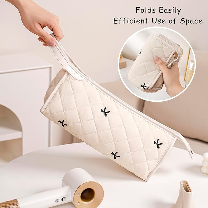 Large Quilted Hair Tools Travel Bag,Aesthetic Hair Styling Accessories Storage Case for Flat Irons,Straightener,Curling Iron,Hair Dryer,Dyson Airwrap Travle Bag,Portable Organizer（03Pink Bow）