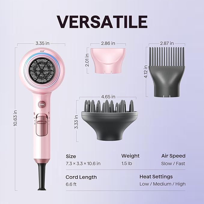 Wavytalk Hair Dryer with Diffuser, Blown Away Ionic Blow Dryer for Curly Hair with Comb, 1875W Fast Drying Hair Dryer with Ceramic Technology, 3 Attachments for All Hair Types, Light and Quiet, Pink