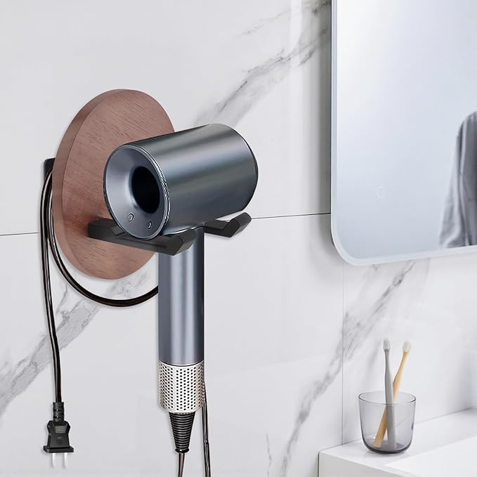 Wall Mounted Hair Dryer Holder, 5.1 Inch Round Shape Walnut Wood Shelf Aluminum Hairdryer Holder,Bathroom Hair Dryer Stand Drill Install (Round Shape Walnut Wood, 1)