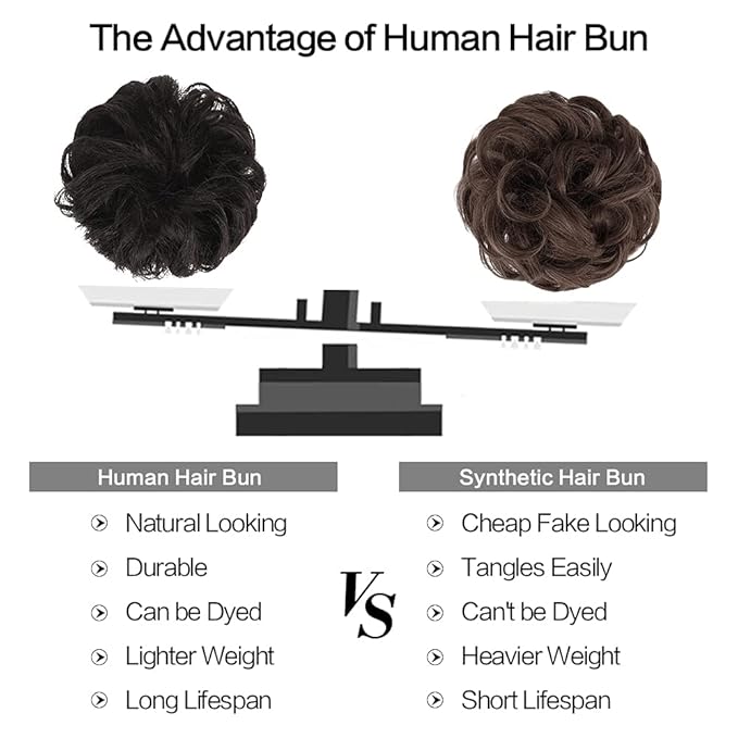 FESHFEN Human Messy Buns - 100% Human Hair Bun Real Scrunchies Hair Pieces Ponytail Extensions Wavy Tousled Updo Chignon Hairpieces for Women, Natural Black