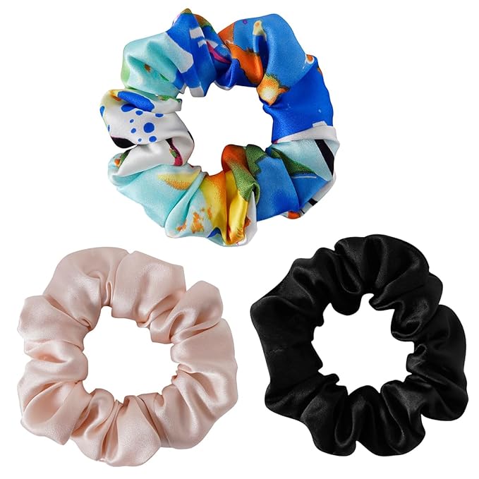19Momme Silk Scrunchie Thick Hair Ties for Curly Hair, No Slip Hair Bands for Women, Vintage Satin Hair Accessories (Blush Pink,Black,Azure Breeze‌)