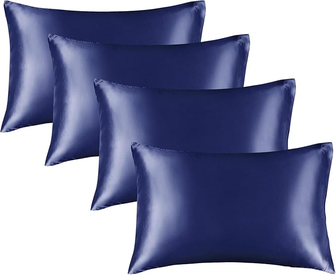 BEDELITE Satin Pillowcase for Hair and Skin, Super Soft Similar to Silk Pillow Cases 4 Pack with Envelope Closure, Cooling Pillowcases for Women Men (20"x26" Standard Size, Navy)