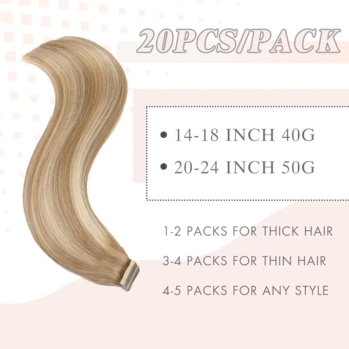 Balayage Medium Brown Mixed Dark Blonde Tape in Hair Extensions Human Hair 16 Inch 20pcs Remy Human Hair Extensions Tape in Straight Seamless Skin(10/10/22#, 20 Inch)