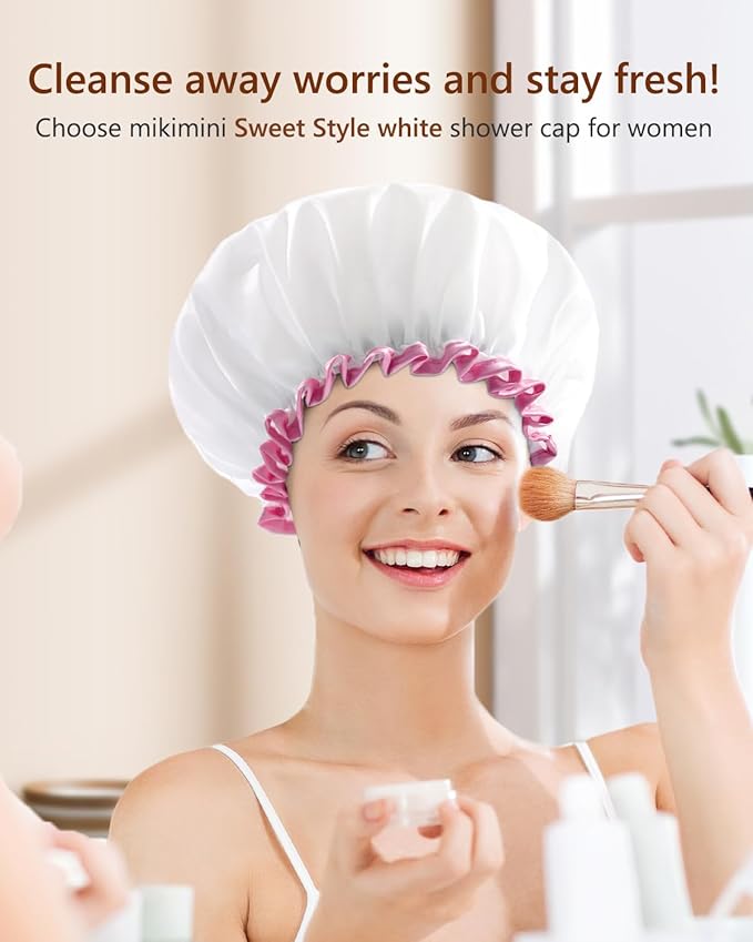 mikimini White Shower Cap Waterproof Reusable, Double Layers Bathing Hair Cap with Soft Comfortable PEVA Lining, Cute, Non-fading & Stretchy Shower Hat Medium (Pack of 1) White