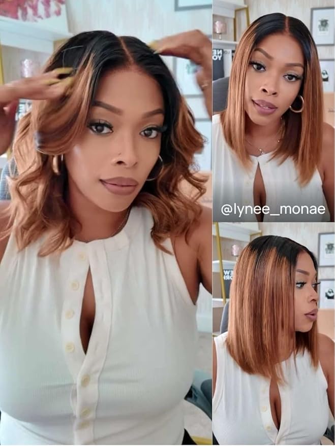 YIROO Chestnut Brown Ombre Yaki Straight Bob Wig Human Hair, 13x4 Lace Front Glueless Wig with Drawstring, Pre Everything Pre Cut Pre Plucked Pre Bleached Knots Natural Hairline Short Bob Wig 12Inch