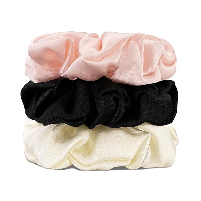 Suncdelv Silk,100% Silk Scrunchies for Hair,22 Momme Hair Ties for Anti-Crease & Breakage,Natural Women Hair Accessories，Fashion Hairbands 3PCS（White,Black,Pink）