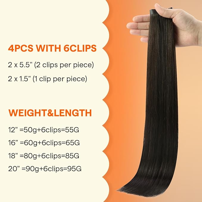 Full Shine Seamless Clip in Hair Extensions Real Human Hair, Color 2 Brown Thinning Hair Fill in Extensions, PU Weft Remy Hair Extensions Clip ins for Women, Dark Brown 4Pcs16Inch 65g