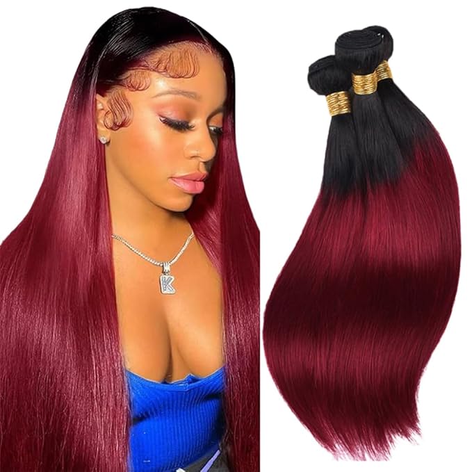 26 28 30 Inch Ombre Bundles Human Hair Burgundy Straight Bundles Peruvian Virgin Remy Hair Extensions Niegmeag Double Weft 2 Tone Black and Red Straight Bundle Hair Weave 300g