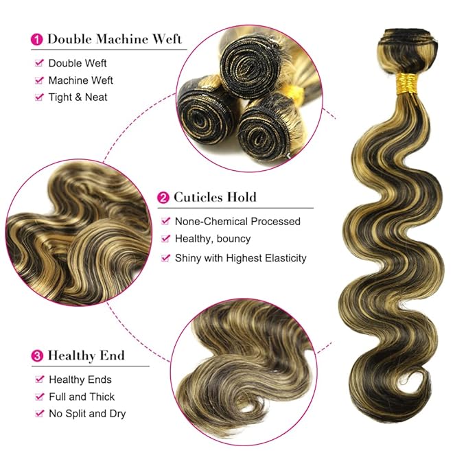 30 Inch Highlight Bundles Human Hair Blonde Body Wave Bundles Niegmeag Virgin Soft and Skily Remy Hair Extensions Double Weft 2 Tone Black and Honey Blonde Bundle