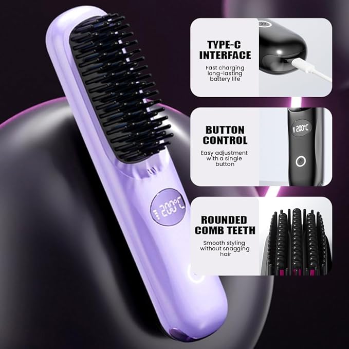 Cordless Hair Straightener Brush: Portable Rechargeable Heated Straightening Comb with LED Display & 3 Temperature Settings - Travel Hair Brush for Smooth Frizz-Free Styling (Black)