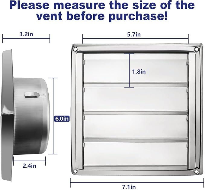 Funmit 6'' Metal Dryer Vent Cover, 7"x7" Outside Dimensions with Metal Mesh Screen, Outdoor Stainless Steel Louvered Vent Cover Includes 4 Screw for Easy Installation