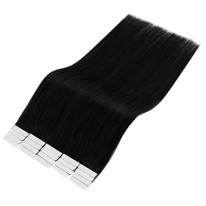 Full Shine 18Inch Black Virgin Tape in Hair Extensions Remy Tape in Human Hair Extensions Color 1 Black 25 Gram Seamless Unprocessed Skin Weft 10Pcs for Women