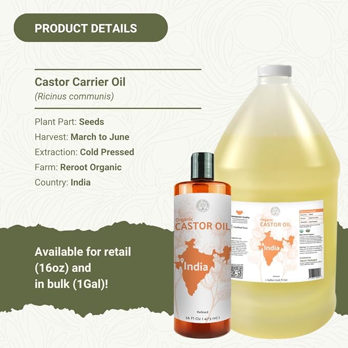 Organic Castor Oil Direct From India - Cold Pressed Castor Oil For Face, Hair Growth, Eyelash Serum, Eyebrow - Skin and Face Moisturizer and Detox - Hexane Free (16 oz)