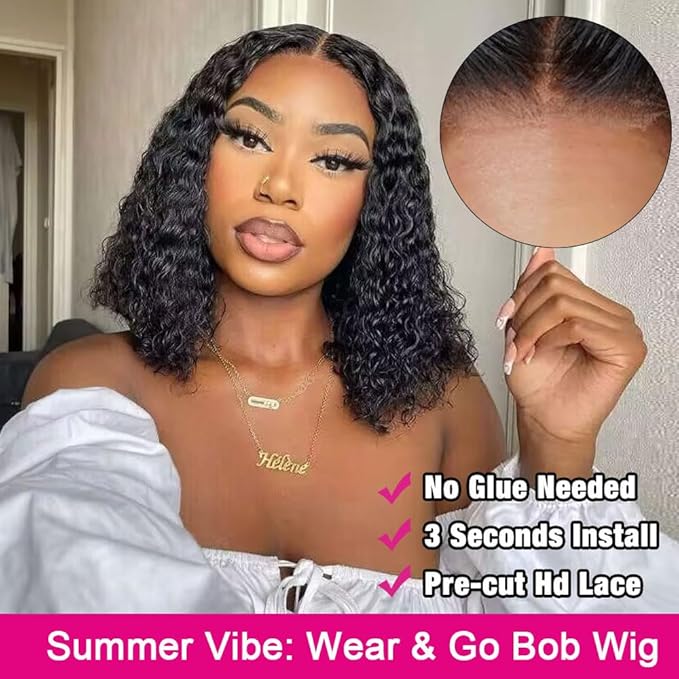 GOLFMAX Glueless Wigs Human Hair Pre Plucked Pre Cut 4X4 Lace Closure Bob Wig Human Hair Deep Wave Curly Short Bob Wig 14 Inch Wet and Wavy Lace Front Wigs With Elastic Band