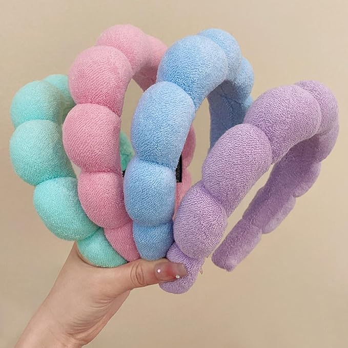 Spa Headbands for Washing Face or Makeup, Sponge Bubble Skincare Headbands, Puffy Terry Cloth Hairband for Women, Skin Care Makeup Headwear Hair Accessories for Girls(Purple)