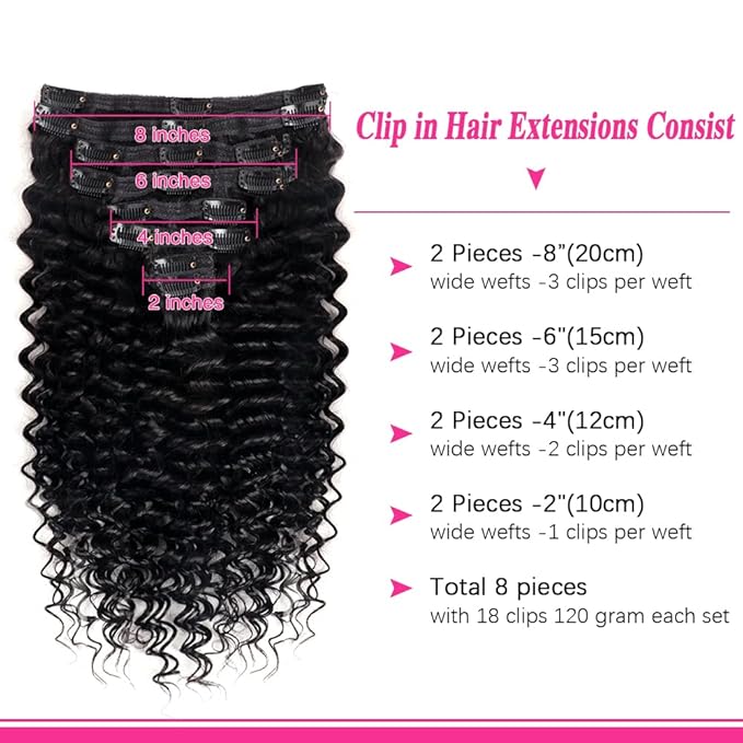 Deep Wave Clip in Hair Extensions for Black Women Brazilian Virgin Human Hair Extensions 8Pcs Remy Hair Extensions Clip in Human Hair with 18Clips 120g (14inch, Natural Black)
