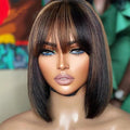Bob Wig Human Hair with Bangs Glueless 2.5x1 HD Lace Colsure Wigs Human, Bob Wig with Brown Highlights, Wear to Go Short Wigs For Women Beginner Friendly 10 Inch