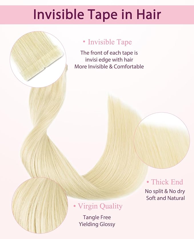 Pinkpearl Invisible Tape in Hair Extensions Human Hair, 20pcs 16inch 45g #60 Platinum Blonde Injection Tape in Extensions Real Remy Straight Seamless Silky Human Hair Injected