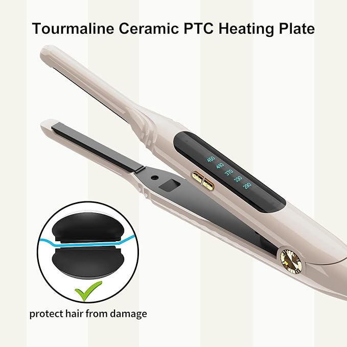 Mini Flat Iron 3/10'' Small Flat Irons for Short Hair,Pixie Cut & Bangs,Tiny Hair Straightener for Edge with LED Display,Travel Thin Hair Straightener with Dual Voltage,Auto Shut Off（Khaki）