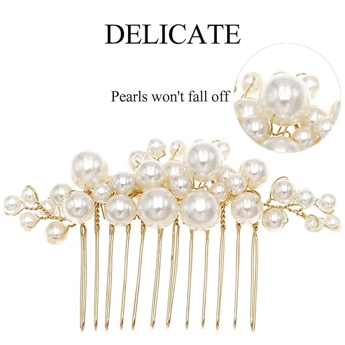 Pearl Hair Combs and Hair Pins for Bridal Women, Decorative Hair Accessories for Wedding Prom, Set of 5 (Gold)
