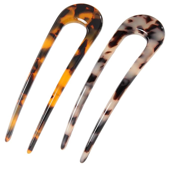 Fsmiling French Hair Pins Tortoise Shell U Shaped 2 Prong Hair Sticks Acetate Chignon Pin for Women Hairstyle Accessories 2 Pack
