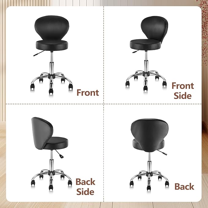 Set of 2 PVC Faux Leather Rolling Swivel Salon Stool Chair with Wheel Back Lumbar Support Seat Height 22 in Diameter 15 Inch Adjustable Hydraulic Chair for Beauty Barber Manicure Lash 2 Pack