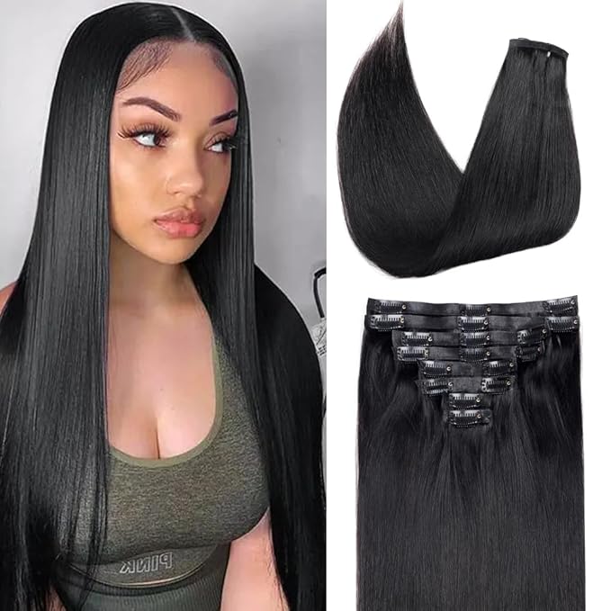 Seamless Clip in Hair Extensions Real Human Hair Straight Remy Human Hair Clip in Extensions for Women, Natural Soft Silk Human Hair PU Thin Weft 8Pcs 120g 16inch #1B Natural Black