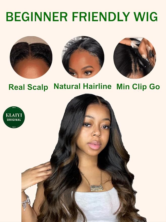 KLAIYI Ombre Brown V Part Wig Body Wave Human Hair Upgrade U Part Wig with Dark Roots Glueless Chestnut Brown Clip in Half Wig No Glue No Leave Out Beginner Wigs for Women Wear and Go Wig 150% 16Inch