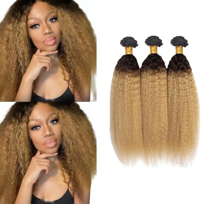30 32 34 Inch Ombre Kinky Straight Bundles Human Hair 1B27 Bundles Niegmeag Hair 2 Tone Black and Blonde Bundle Peruvian Unprocessed Virgin Remy Hair Extensions