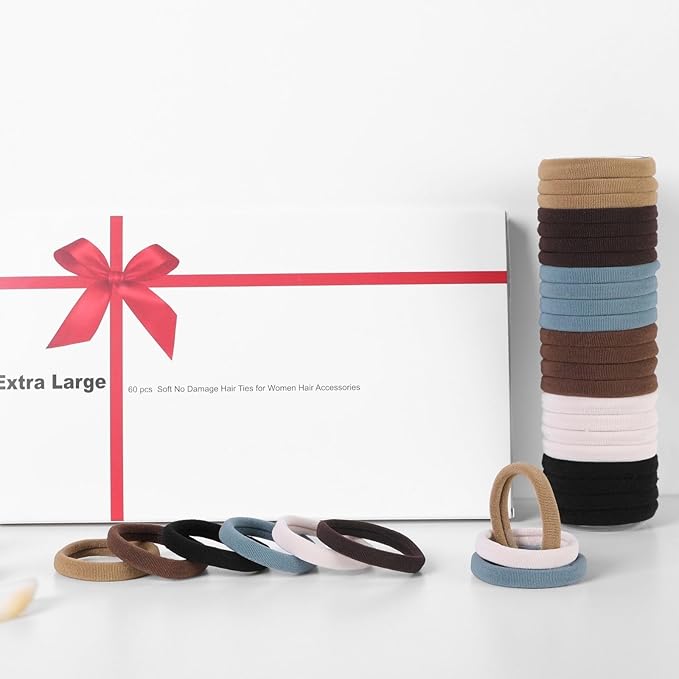 60 Pcs 2 Inch Neutral No Damage Hair Ties for Women Thick Hair, Large Soft Seamless Nylon Fabric Elastic Hair Ties Ponytail Hair Holders Hair Elastics Hair Band for Women